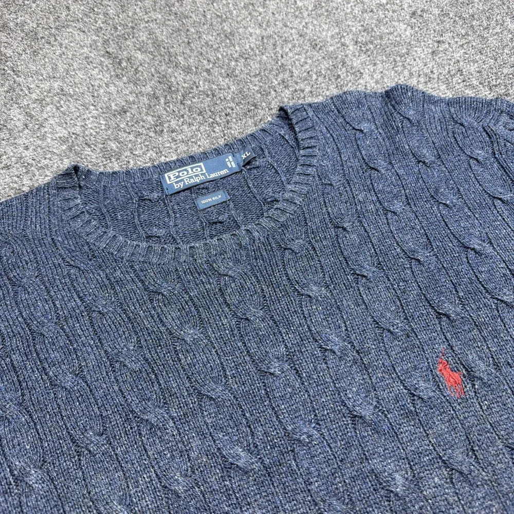 VTG 90's Polo Ralph Lauren SILK Sweater Mens XL Cable Knit Fisherman Blue Rare!